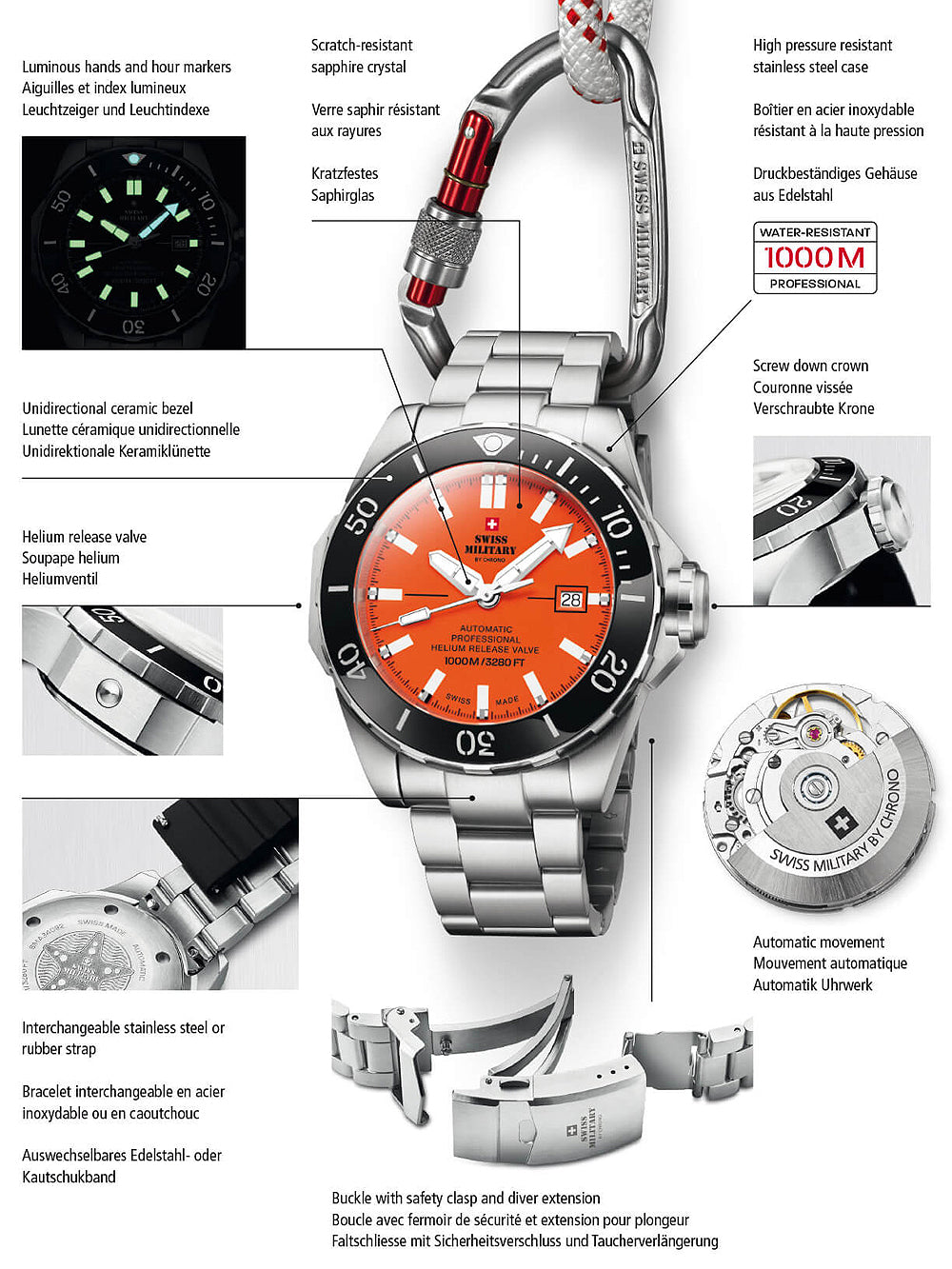 Swiss Military SMA34092.09 Automatic Diver Mens Watch 45mm 100ATM
